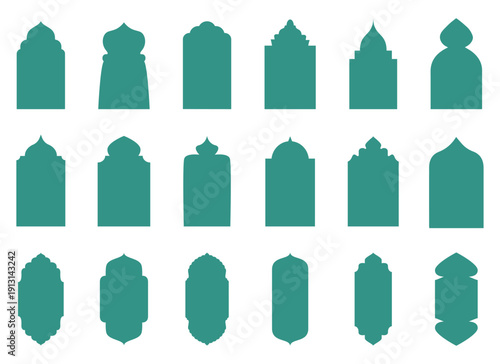 Islamic frames. Ramadan frames, mosque arches, decorative arches, Moroccan gates, black silhouette illustration. Islamic window shapes in oriental style. Islamic vector window or door