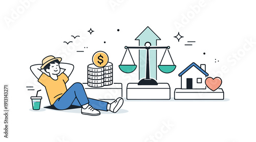 Freedom through financial independence. Editorial scene of a relaxed person enjoying free time while simple financial symbols remain stable