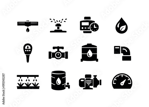 Water-Efficient Icon Set. Water-efficient irrigation systems. Solid icon set of Water-efficient irrigation systems: drip line emitter, micro sprinkler,