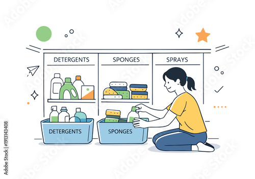 Sorting household cleaners by category. Person calmly grouping detergents, sponges, and sprays into labeled sections of a cabinet. Focused