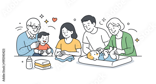 Multi al family support. Grandparents helping parents with childcare, calm collaboration during everyday routines. Cozy home scene