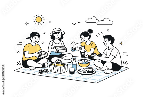 Friends hanging out in a park, enjoying a sunny afternoon picnic. Friends unpacking food containers and pouring drinks on a picnic blanket.