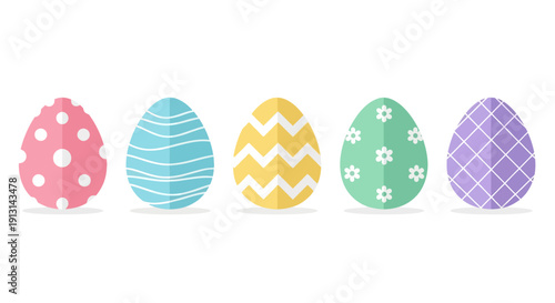 Set of five brightly colored Easter eggs with various patterns, including polka dots, stripes, zigzags, and flowers, isolated on a white background, perfect for spring celebrations