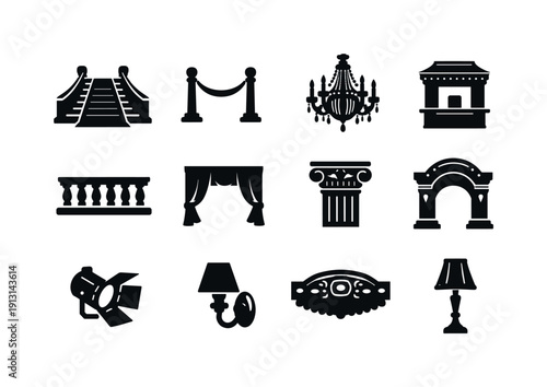 Theater Entrance. Solid icon set of Theater Entrance: grand staircase, red carpet stairs, velvet rope, chandelier, ticket booth, balcony