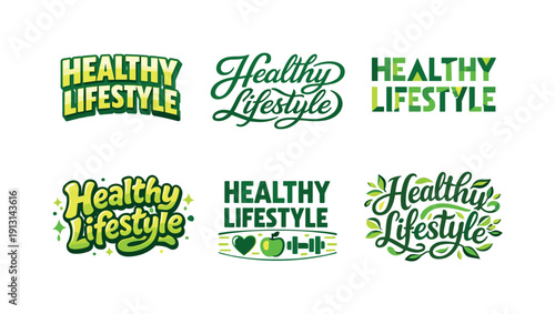 Healthy Lettering Variations. Healthy lifestyle flow. Set lettering. harmonious lettering variations of the same emblematic concept, each with different