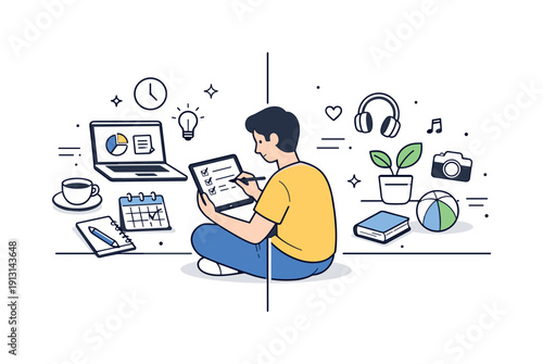 Balanced Work-Life Harmony. Healthy work routine. A person organizing tasks on a tablet while a clear boundary separates work tools from leisure objects,