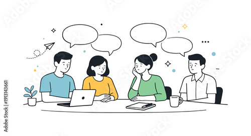 Feedback silence in teams. An editorial illustration of a team meeting where characters sit quietly while empty dialog bubbles float above.