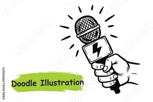 Hand Holding Microphone Doodle Sketch Illustration for News Broadcast and Podcast
