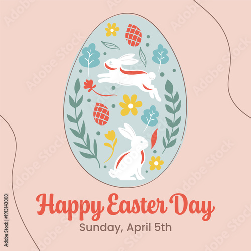 Hand drawn Easter greeting card featuring white rabbits, decorated eggs, and spring leaves inside a large egg shape on a soft pink background.