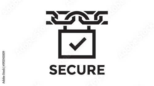 Black and white icon graphic representing a secure connection verified by a checkmark hanging from a strong metal chain link