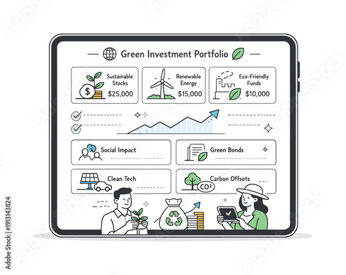 Green investment portfolio. A tablet displaying a diversified portfolio with ESG icons, smooth organization and sense of responsible growth.
