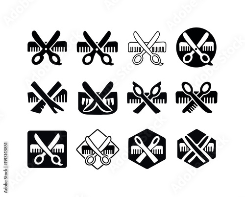 Hair trimming process. Icon set. Set Logo of hair trimming process: barber scissors and comb. harmonious logo variations of the