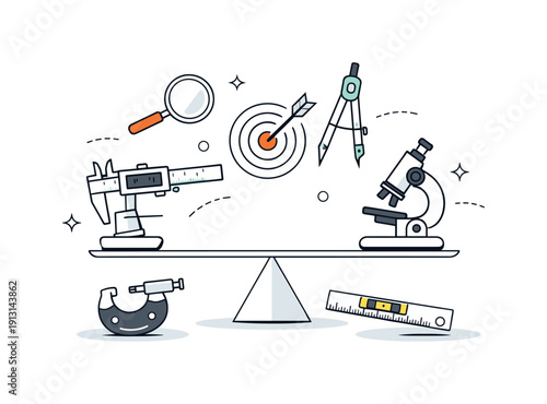 Precision tools. An abstract scene of precision instruments floating in balance, representing accuracy and engineering excellence. Airy