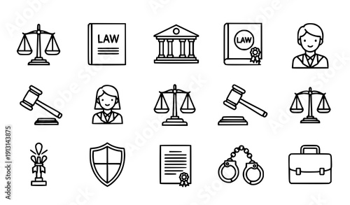 Justice and law outline icons set vector legal symbols isolated on transparent background