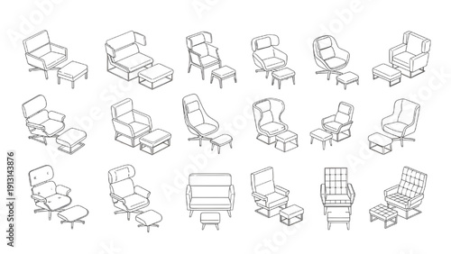 Modern Armchairs and Ottomans Architectural Top View Layout Vector Set for Interior Floor Plan Design