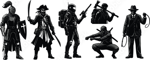 Silhouettes of women and girls with military and warrior elements