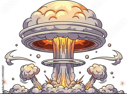 Cartoon nuclear explosion mushroom cloud blast illustration with smoke and fire isolated