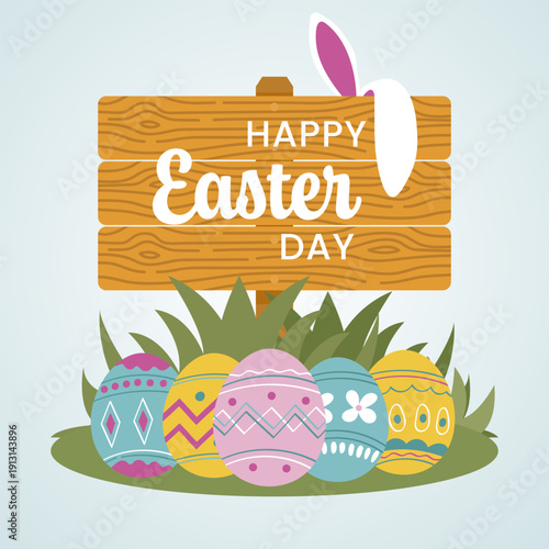 Happy Easter Day Wooden Signboard with Decorated Eggs.Vector Illustration