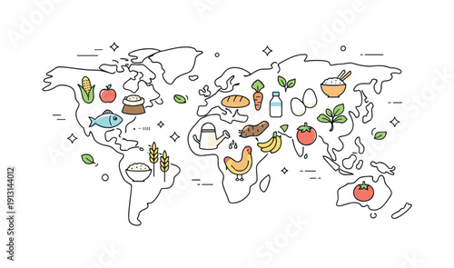 Global Food Balance. Global food security awareness. A simplified world map with plants and food symbols evenly distributed across regions. The illustration