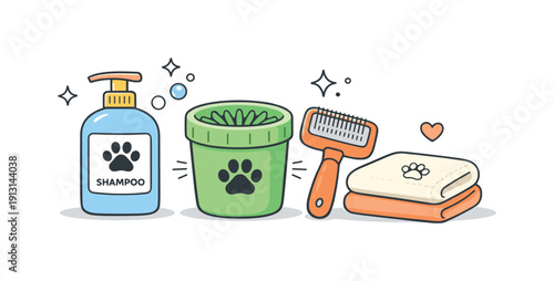 Pet hygiene and cleanliness. Neatly arranged pet care items like shampoo, brush, towel, and paw cleaner. A clean and informative composition