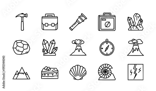 Geology tools and earth science line icon set vector isolated on transparent background