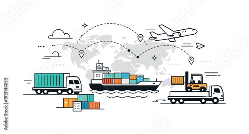 Global trade flow. Containers, cargo ships, and trucks arranged in a balanced composition, showing movement of goods worldwide. Soft abstract