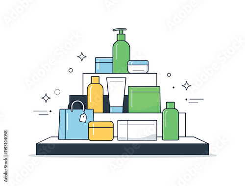 Retail product pyramid arrangement. An organized product pyramid displayed on a table or platform, suggesting structure and smart
