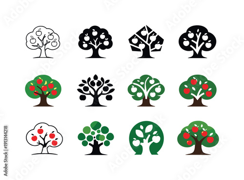 Fruit tree. Icon set. Set Logo of fruit tree: apple tree with fruit. harmonious logo variations of the same emblematic concept, each with