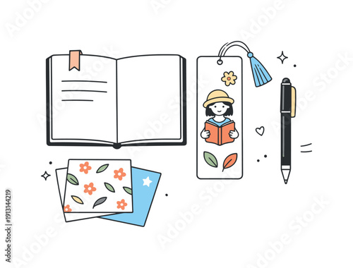 Handmade bookmarks and stationery. A minimal editorial scene with a notebook, bookmark, pen, and decorative paper elements arranged