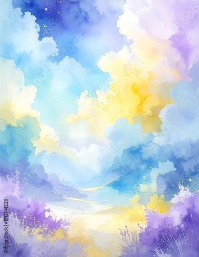 Pastel sky, fluffy clouds, and purple landscape