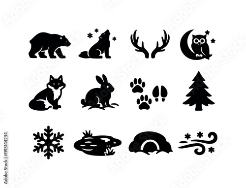 Winter Wildlife. Solid icon set of Winter Wildlife: polar bear, wolf snow, deer antlers, owl night, fox winter coat, rabbit snow, animal