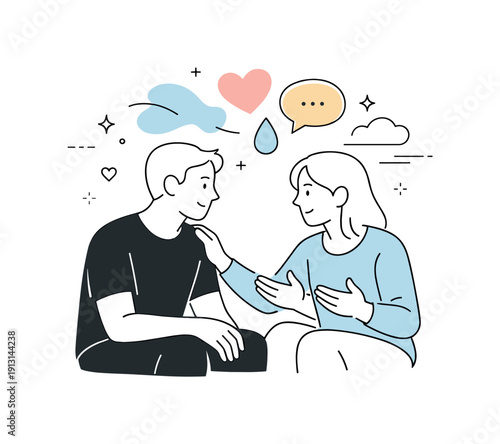 Emotional openness in a relationship. One person carefully opening up while the other listens attentively, gentle gestures and calm posture