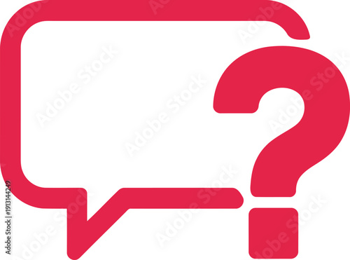 A bold red question mark symbol sits beside an empty rectangular speech bubble icon on white
