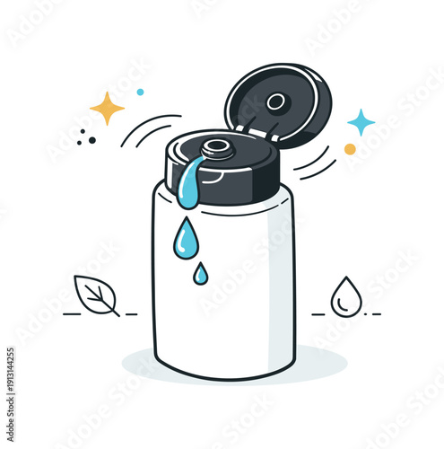 Flip-top shampoo cap design. Open bottle cap showing dispensing action, calm practical mood and clarity. Gentle motion lines and minimal