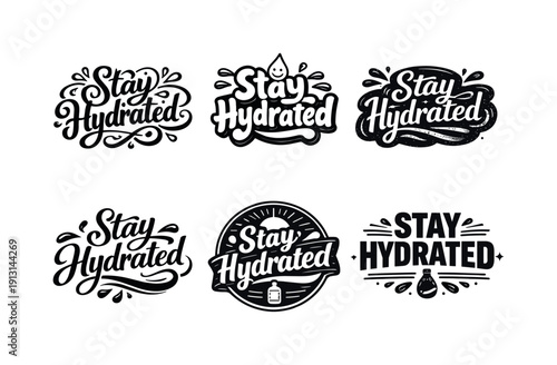 Stay hydrated. Set lettering. harmonious lettering variations of the same emblematic concept, each with different artistic interpretation