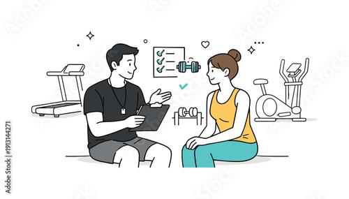 A personal trainer and client discussing a workout routine in a gym. Minimal gym interior with exercise machines in the background and focus