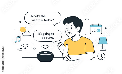 Voice assistant at home. A person speaking to a small smart speaker, with soft dialog bubbles and simple device icons around. The atmosphere
