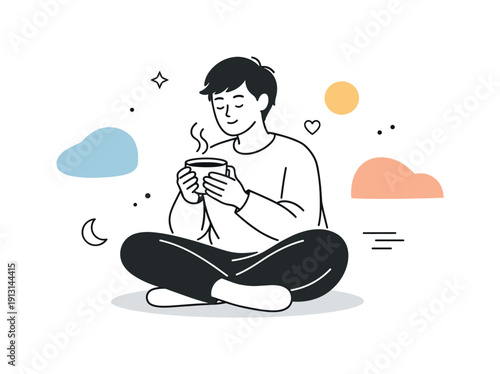 Quiet self-reflection. A person holding a cup of tea while sitting alone, abstract shapes gently floating around them. The mood feels slow,