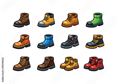 Work boots. Colorful isometric vector icons set of Work boots: steel toe boot, safety boot, construction boot, industrial boot, reinforced