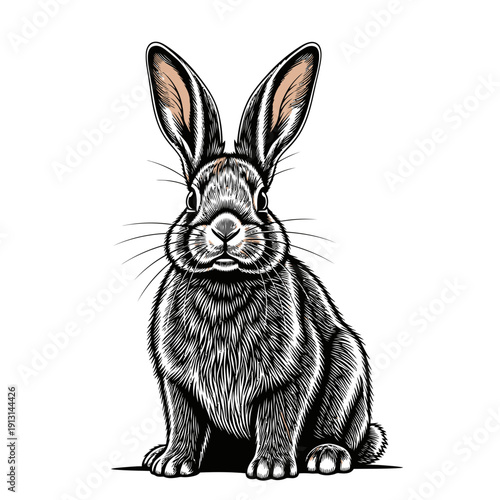 Detailed Black and White Illustration of a Rabbit.