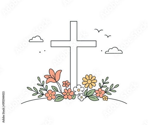 Catholic Easter illustration. A simple cross with soft spring flowers at its base, drawn with thin lines and generous white space. The scene