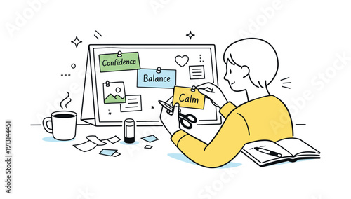 A person creating a vision board with emotional goals and aspirations for the future. A focused moment of cutting and pinning notes with