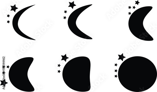 Moon Phases Silhouette Set with Stars Showing Crescent Half and Full Moon Progression for Celestial Design