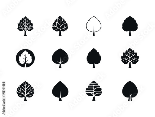 Aspen. Icon set. Set Logo of Aspen: single aspen tree silhouette. harmonious logo variations of the same emblematic concept, each with