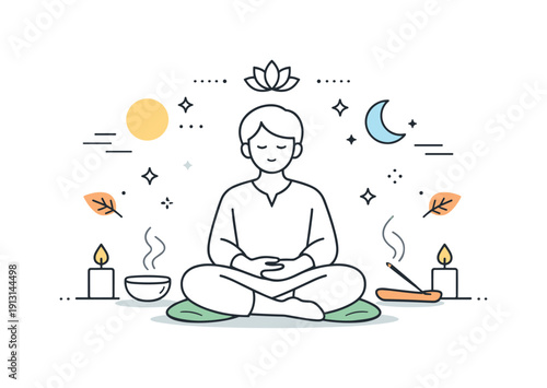 Meditative ritual practice. A person sitting quietly during a spiritual ritual, hands resting gently, slow breathing implied. Inner balance,