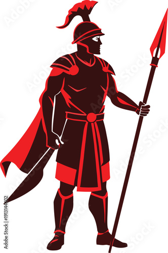 A stylized depiction of a spartan warrior fully armored and holding a spear and sword high quality professional