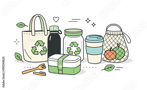 Eco-conscious consumer goods. Editorial illustration of reusable bottles, bags, and containers made from recycled materials, calm and