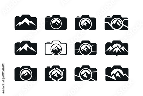 Hiking Photography Logos. Hiking photography tours. Icon set. Set Logo of Hiking photography tours: camera and mountain peak emblem. harmonious logo variations