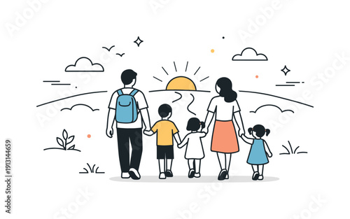 Family bonding in nature. A wide, open landscape with a family walking together toward the horizon, symbolizing unity and shared journey.