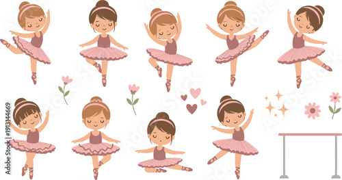 Cute little ballerina girl character set in pink tutu poses with ballet barre